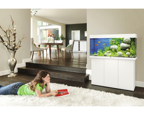 Woonkamer met aquarium op onderkast, vissen en waterplanten