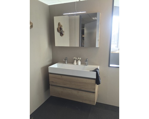 Badkamer wastafel met onderkast en spiegelkast met lamp