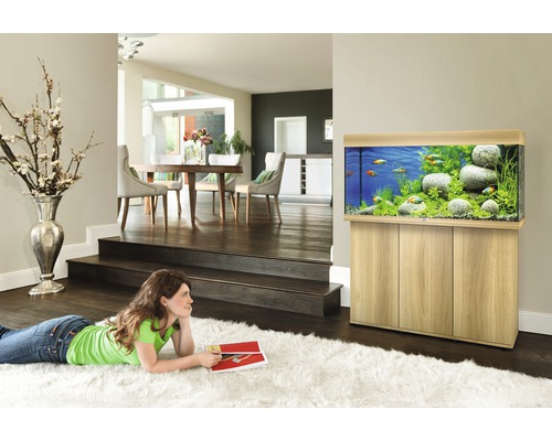 Woonkamer met aquarium op onderkast en een vrouw op een vloerkleed