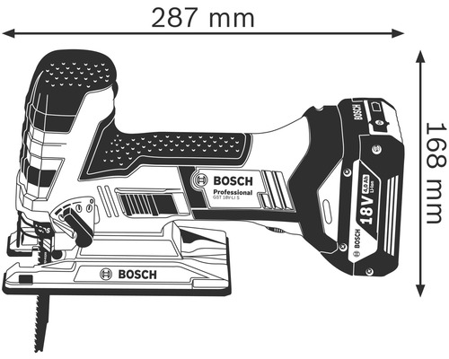 Bosch decoupeerzaag met afmetingen 287 mm lengte en 168 mm hoogte