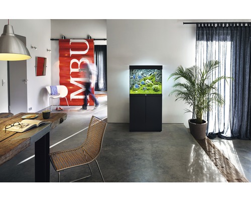 Moderne woonkamer met aquarium op onderkast, eettafel en stoelen