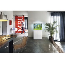 Moderne woonkamer met aquarium op een onderkast, tafel en stoel