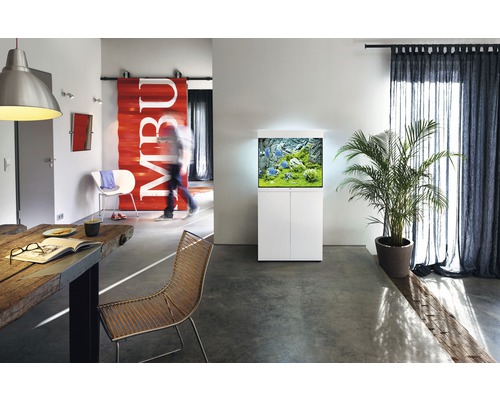 Moderne woonkamer met aquarium op een onderkast, tafel en stoel