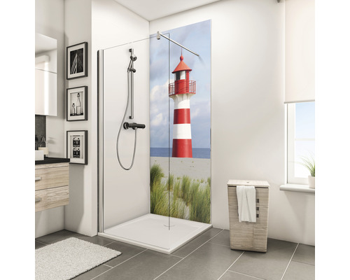 SCHULTE Douche achterwand 90x210 cm vuurtoren Badkamer met douchecabine, douchebak, douchearmatuur en vuurtorenmotief op de douchewand