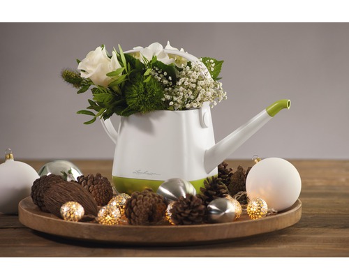 Lechuza gieter met bloemstuk op houten dienblad met decoratie