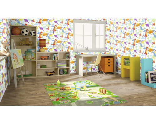 Kinderkamer met bureau, boekenkast en behang met dinosaurussen