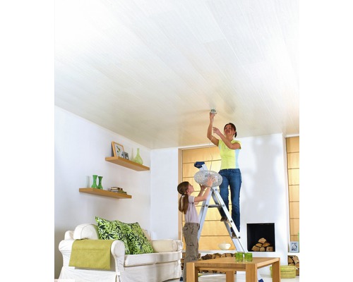 Woonkamer met houten plafond en twee personen die een lamp monteren op een ladder