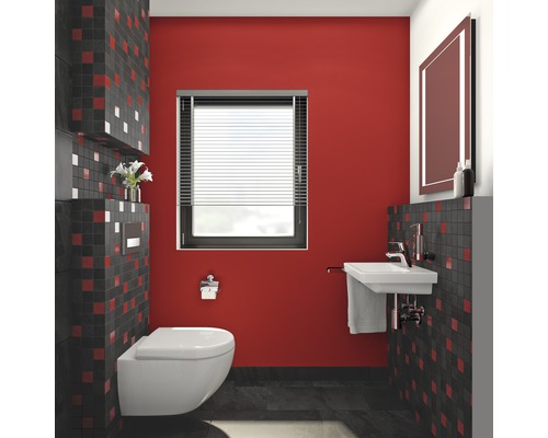 Moderne badkamer met wandcloset, wastafel en rode accenten