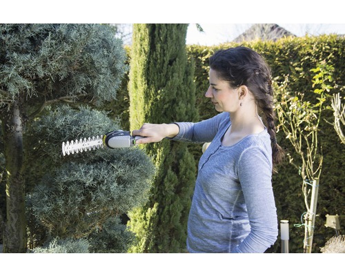 Een vrouw snoeit een boom met een accuheggenschaar in de tuin.