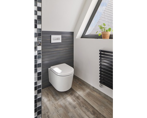 Badkamer met hangend toilet, houten vloer en dakraam