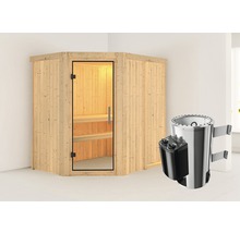 Houten hoeksauna met glazen deur en saunakachel