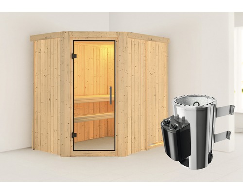 Houten hoeksauna met glazen deur en saunakachel