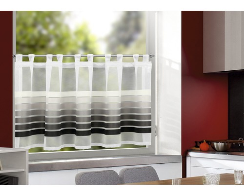 Gordijn met lusophanging en horizontale strepen voor een keukenraam