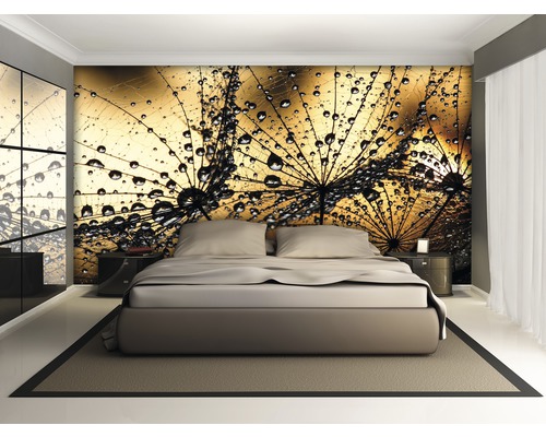 Slaapkamer met fotobehang paardenbloem en waterdruppels