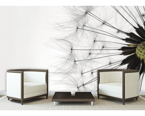 Woonkamer met fotobehang van een paardenbloem, twee fauteuils en een tafel