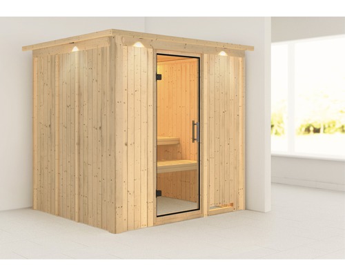 Houten sauna met glazen deur en binnenverlichting