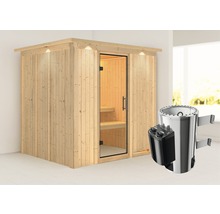 Houten sauna met glazen deur en kachel