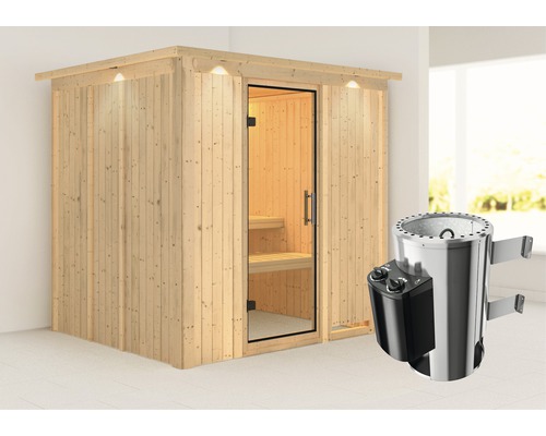 Houten sauna met glazen deur en kachel