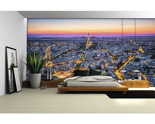 Slaapkamer met fotobehang van de skyline van Parijs