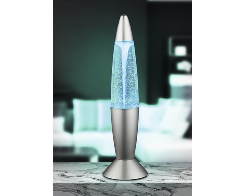 Decoratieve lavalamp met zilverkleurige voet en blauwe glitterwerveling