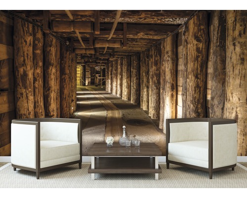 Fotobehang met mijnmotief in een woonkamer met fauteuils en salontafel