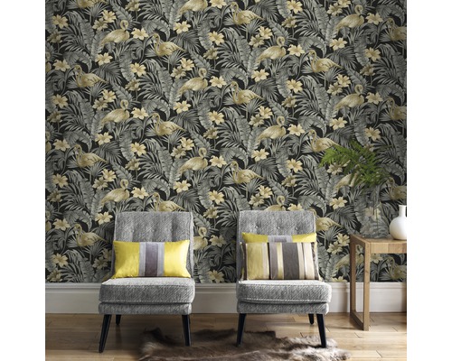 Kamerweergave met behang met flamingo''s, bladeren en bloemen op een donkere achtergrond