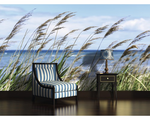 Woonkamer met fauteuil, bijzettafel en fotobehang met strandmotief