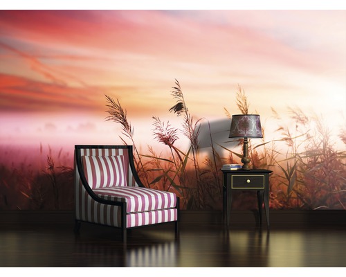 Scene met een gestreepte fauteuil, een nachtkastje en een fotobehang met gras motief