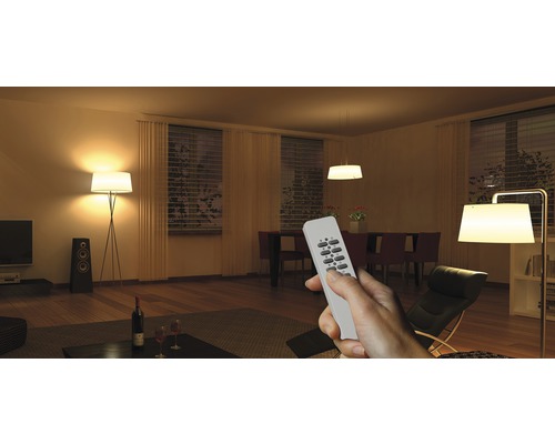 Woonkamer met vloerlampen en een hand die een afstandsbediening vasthoudt