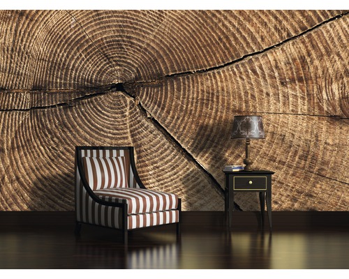 Decoratieve kamer met boomstam behang, fauteuil en tafellamp