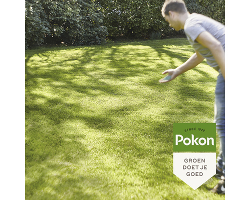 Een man brengt gazonzaden aan op gazon. Pokon logo.