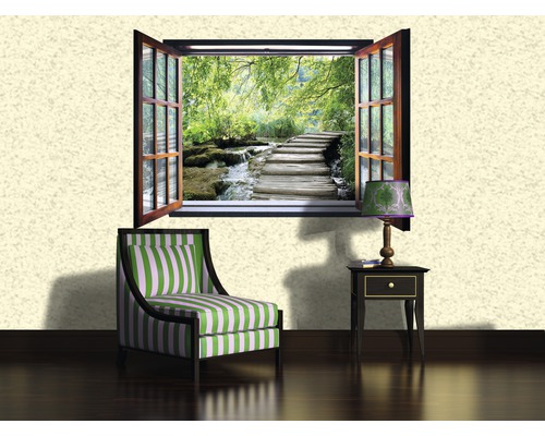 Decoratief interieur met raam muurschildering, fauteuil en nachtkastje