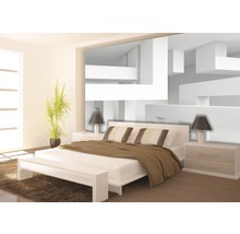 Moderne slaapkamer met bed, nachtkastjes, lampen en abstracte wanddecoratie