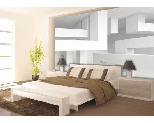 Moderne slaapkamer met bed, nachtkastjes, lampen en abstracte wanddecoratie