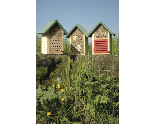 Drie houten insectenhotels op een muur met planten op de voorgrond.