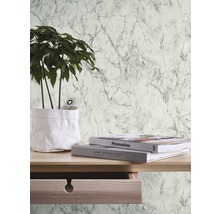 Scene met marmeren behang, tafel, plant en boeken