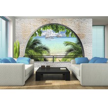 Woonkamer met fotobehang met uitzicht op zee en zeilboten