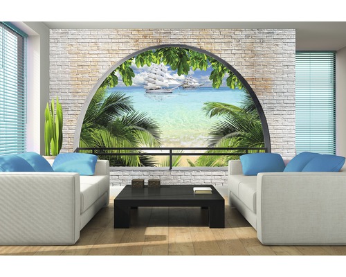 Woonkamer met fotobehang met uitzicht op zee en zeilboten