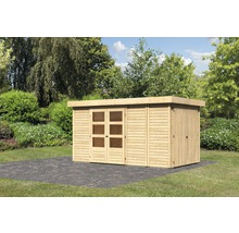 Houten tuinhuis met dubbele deur en enkele deur in de tuin