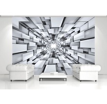 Woonkamer met fotobehang met geometrisch tunnelpatroon