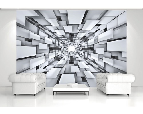 Woonkamer met fotobehang met geometrisch tunnelpatroon