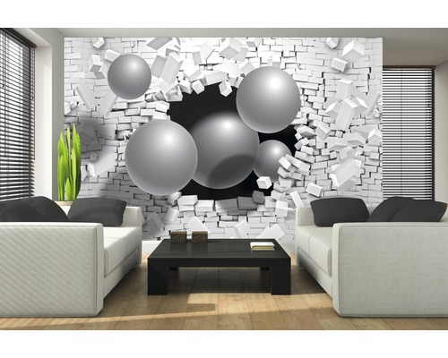 Woonkamer met een fotobehang met een muur met ballen