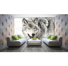 Woonkamer met wolf fotobehang, banken en salontafel
