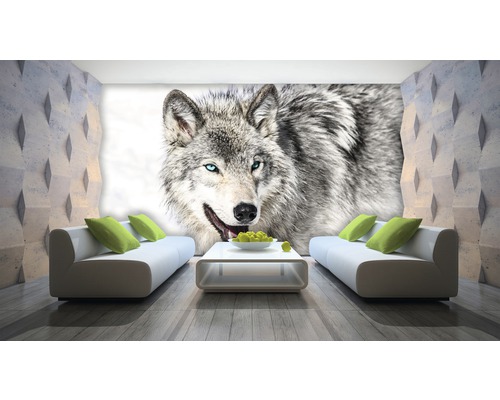 Woonkamer met wolf fotobehang, banken en salontafel