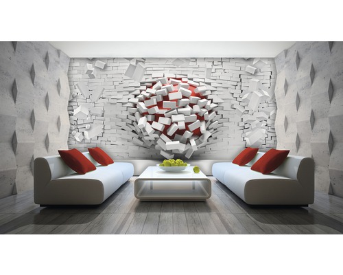 Decoratieve woonkamer met behang van een vernielde bakstenen muur