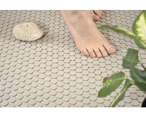 Badkamervloer met mozaïektegels, voet, steen en plant