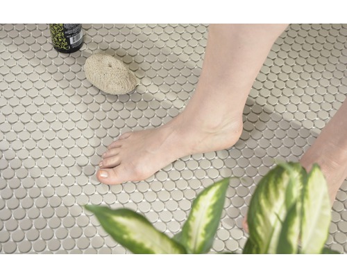 Tegelvloer met mozaïekpatroon, puimsteen, huidverzorgingsproduct en plant