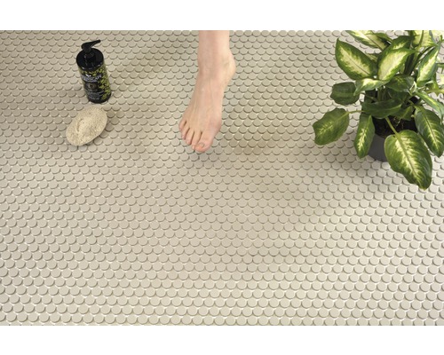 Mozaïektegels in de badkamer met voet, plant, puimsteen en zeep