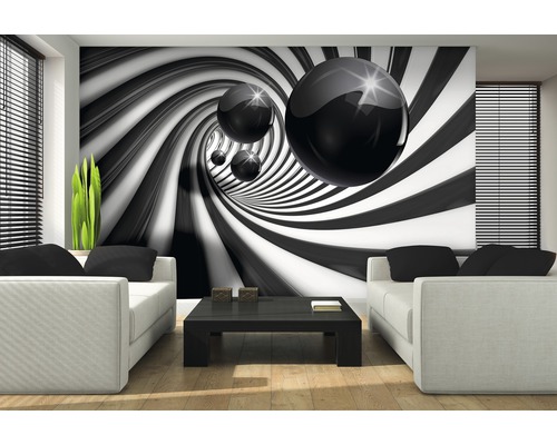 Woonkamer met fotobehang met tunnel en bollen