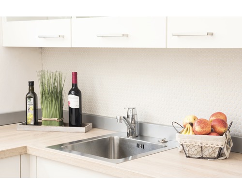 Roestvrijstalen gootsteen met kraan, omringd door decoratie en voedsel.